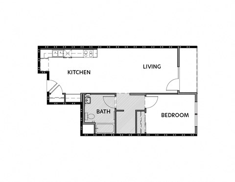 Floor plan for 1 bed, 1 bath, 490 sqft